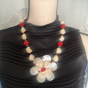 Genuine Mother of Pearl and Red Coral Vintage Necklace.